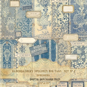 Haberdashery Specimen Big Tags, French Blue Lace Sample tags, French AU BON MARCHE Ephemera Etiquettes, Instant Download files in 300 pdi