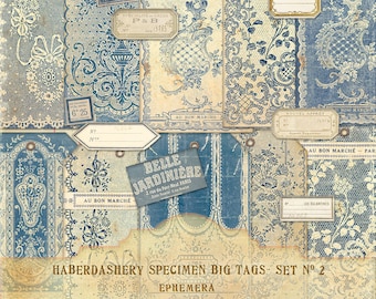 Haberdashery Specimen Big Tags, French Blue Lace Sample tags, French AU BON MARCHE Ephemera Etiquettes, Instant Download files in 300 pdi