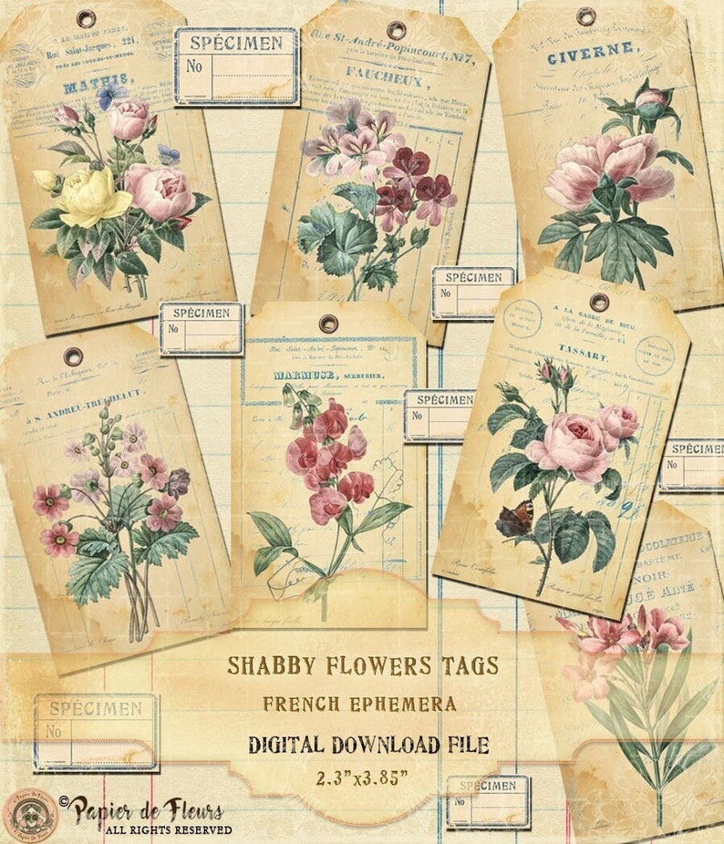 French Ephemera Tags, Shabby Chic Floral Labels (digital Download) - Etsy