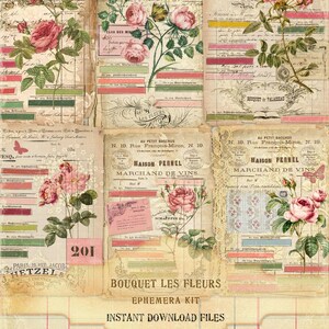 Puede incluir: Kit de ef&iacute;meras de estilo vintage con fondos de papel envejecido e ilustraciones florales de rosas en rosa y rojo. Incluye elementos de texto como "Bouquet Les Fleurs" y "Instant Download Files". Tama&ntilde;o del papel: 21,59 cm x 27,94 cm.