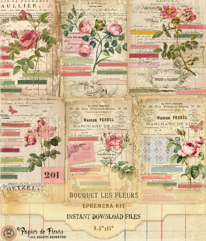 Puede incluir: Kit de ef&iacute;meras de estilo vintage con fondos de papel envejecido e ilustraciones florales de rosas en rosa y rojo. Incluye elementos de texto como "Bouquet Les Fleurs" y "Instant Download Files". Tama&ntilde;o del papel: 21,59 cm x 27,94 cm.