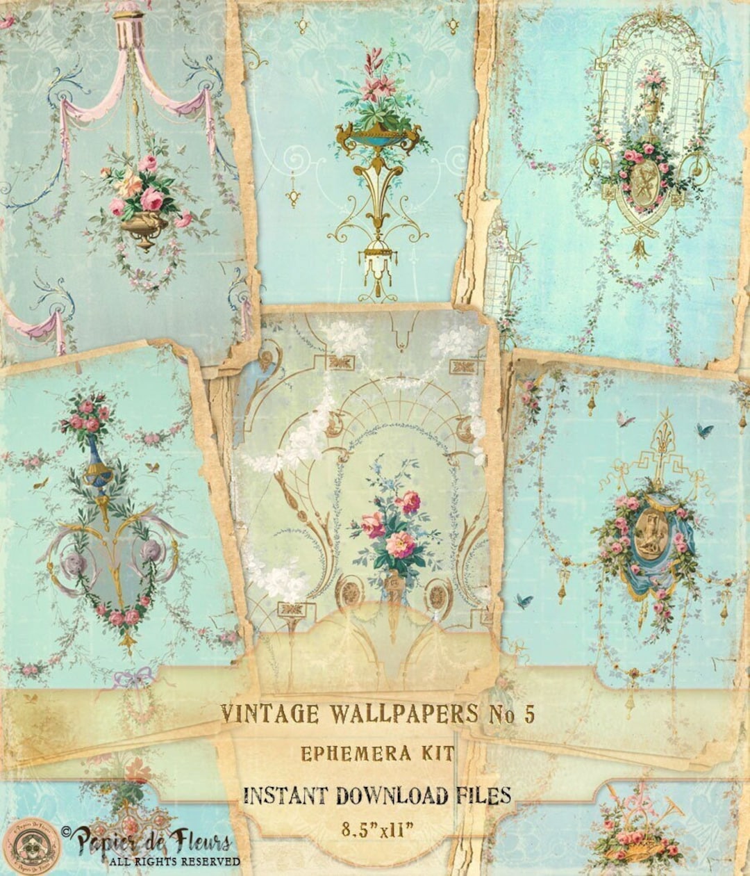 Vintage Floral Wallpapers Ephemera Kit, Roses Wallpapers, French Blue