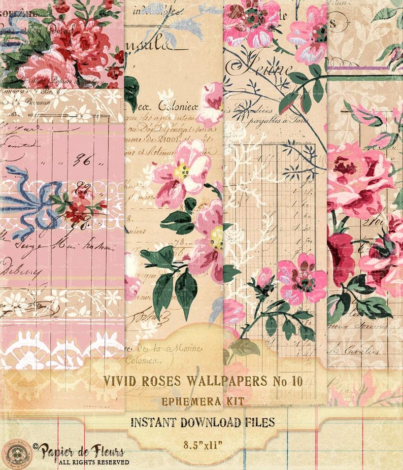 French Roses Background French Rose Wallpaper: Shabby Chic Junk Journal Pages (digital Download ...