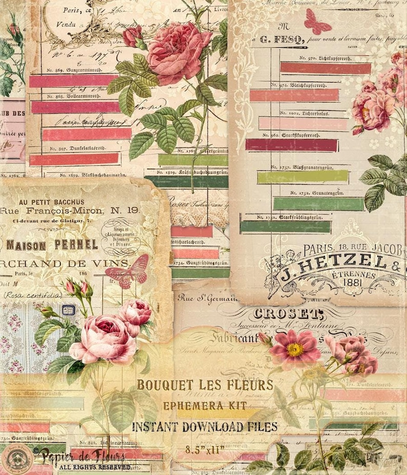 Puede incluir: Kit de ef&iacute;meras digitales de estilo vintage con rosas, mariposas y texturas de papel envejecido. El dise&ntilde;o incluye texto franc&eacute;s, ilustraciones bot&aacute;nicas y muestras de color. Las palabras "Bouquet Les Fleurs" e "Instant Download Files" son visibles.