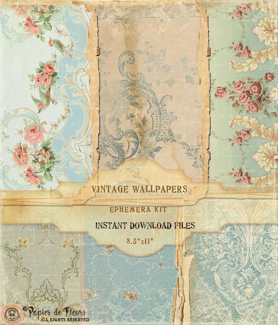 Vintage Floral Wallpapers Ephemera Kit, Roses Wallpapers, French Blue