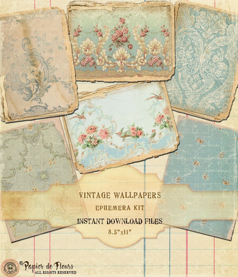 Vintage Floral Wallpapers Ephemera Kit, Roses Wallpapers, French Blue