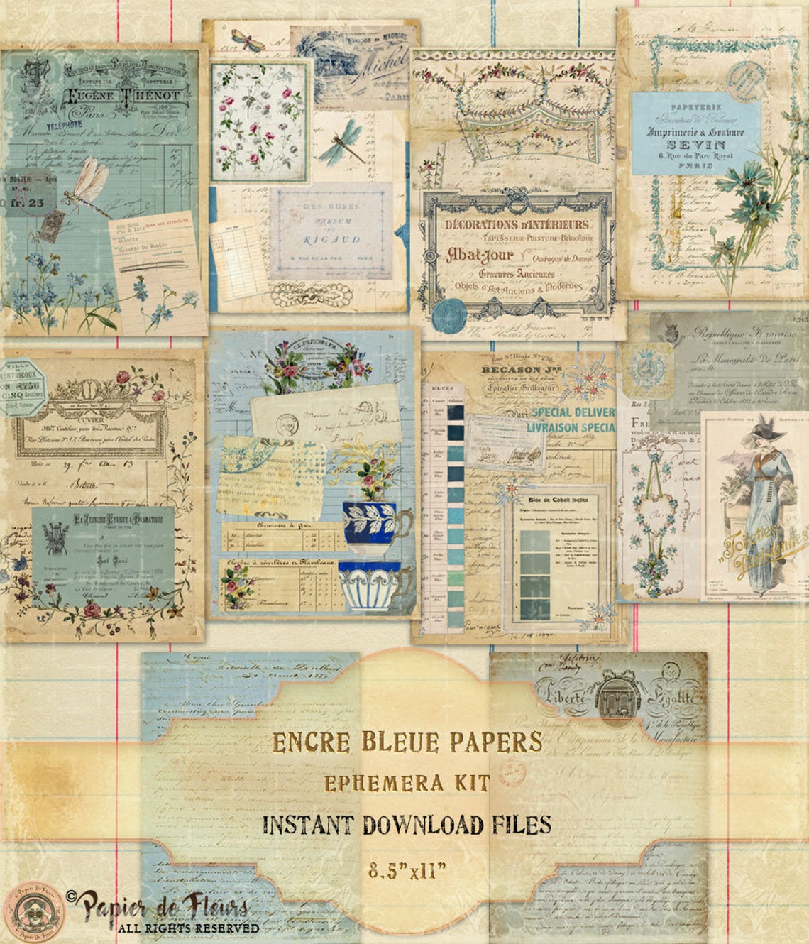 French Blue Papers Vintage Collection, Encre Bleue Papier, French Blue ...