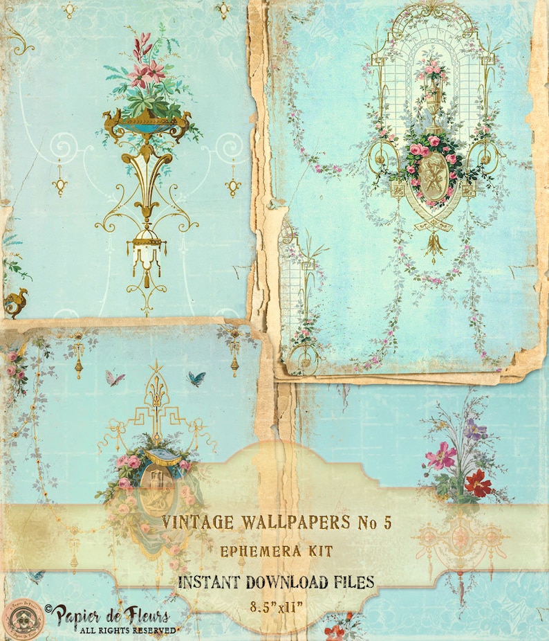 Vintage Floral Wallpapers Ephemera Kit, Roses Wallpapers, French Blue