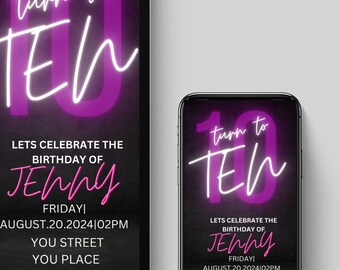 10th Birthday Invitation, Pink and Black Neon Digital Invitation, Text Party Invite, Editable Canva Template