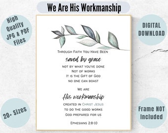 Printable Bible Verse Wall Art, Scripture Wall Art, Ephesians 2:8-10, Christian Wall Art, Eucalyptus Leaves Wall Art, Botanical Wall Art