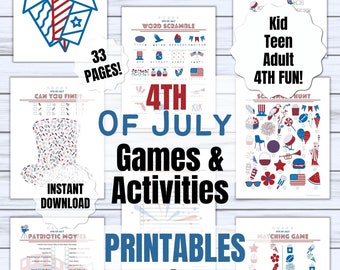 4th of July Activity Pages | Printable | Independence Day Games | Patriotic Activities for Kids Teens & Adults | Party Games