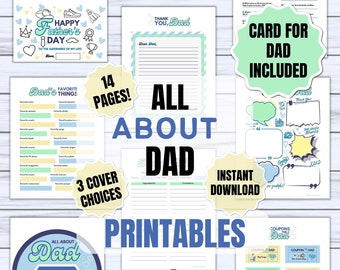 All About Dad Printable Card | Activity Pack Pages for Kids | Happy Father's Day | Dad Jokes | Interview Dad | Dad Recipes | Coupons