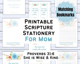 Papelería imprimible para el Día de la Madre, regalo para mamá, versículo bíblico de Proverbios, papelería para mamá, set de papelería cristiana
