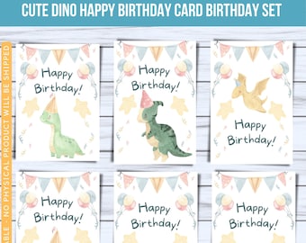 Printable Kids Birthday Card, Gift Tags, & Envelopes Set | Cute Dinosaur Birthday Card Bundle | Dino Happy Birthday Card Pack