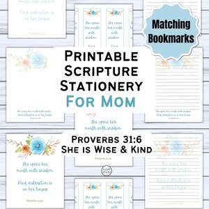 May include: Printable stationery set with a watercolor floral design and the Bible verse Proverbs 31:6 "She opens her mouth with wisdom. Kind instruction is on her tongue."  The set includes bookmarks and note cards.