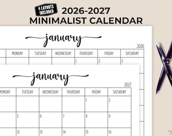 2026-2027 Printable Calendar, Minimalist Elegant Script, 4 Styles, Instant Download, Simple Access, Easy Quick Home Planner, Organization