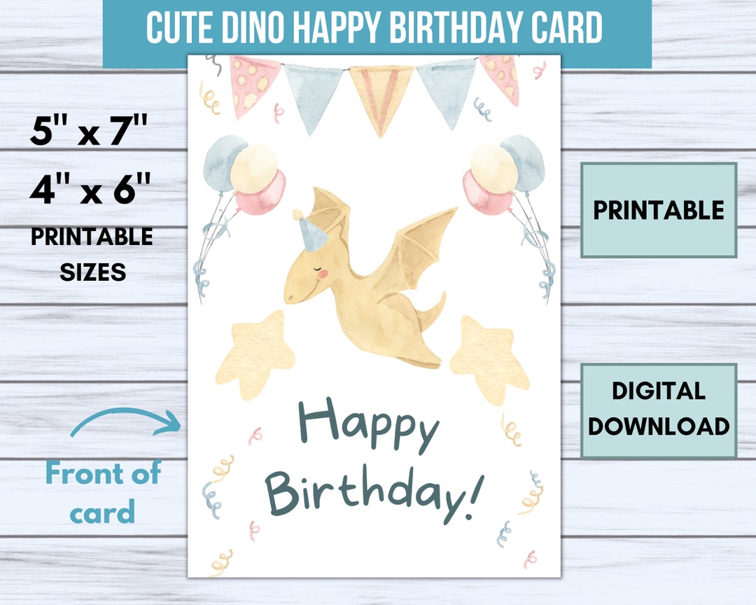 Printable Dinosaur Happy Birthday Card, Pterodactyl Dino, Cute ...