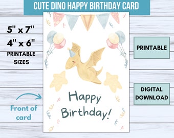 Printable Dinosaur Happy Birthday Card, Pterodactyl Dino, Cute Watercolor Art, For a Boy or Girl