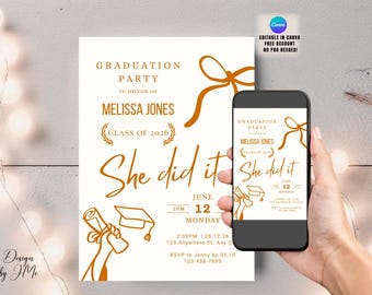 Invitación de graduación con lazo coqueto, plantilla editable, invitación naranja para fiesta de graduación "She Did It", invitación de Canva para la promoción de 2026