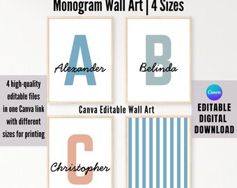 Printable Monogram Wall Art, Editable Canva Template, Custom Initial Print Name Sign, Personalized Nursery & Kids Wall Art, for Girl or Boy