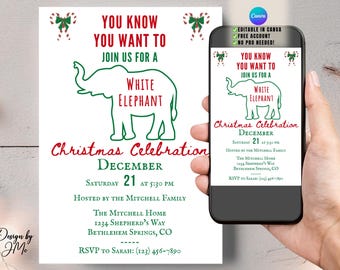 May include: A white invitation with green and red text and graphics for a White Elephant Christmas Celebration. The invitation includes the text "You know you want to join us for a White Elephant Christmas Celebration December 21". A smartphone displays the same invitation.