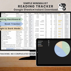 May include: A digital reading tracker on a computer monitor and tablet. The screen displays a spreadsheet with book titles, authors, and progress. The tablet shows a pie chart. Text includes "Reading Tracker" and "Simple Minimalist Reading Tracker."