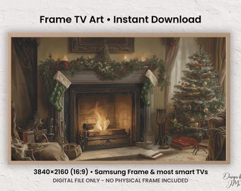 May include: A digital art print for Frame TV featuring a cozy Christmas scene. The image shows a fireplace with a roaring fire, stockings, and a decorated Christmas tree. The text at the top reads "Frame TV Art • Instant Download".
