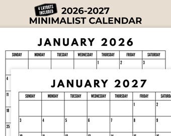 Minimalist 2026-2027 Printable Calendar, Instant Download, Simple Access, Easy Quick Printable Year Home Planner, Organization