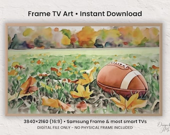 Aquarel fotolijst voor tv met herfstvoetbalthema, schermdecoratie voor een wedstrijddag in de herfst, Samsung fotolijst voor tv, landschap met herfstbladeren, digitale download