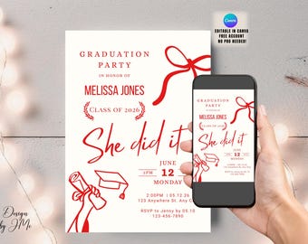 Invitación de graduación con lazo coqueto, plantilla editable, invitación roja para fiesta de graduación "She Did It", invitación de graduación Canva para la clase de 2026
