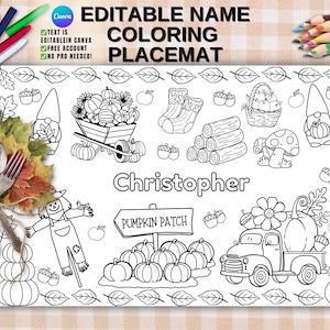 May include: Black and white coloring placemat with fall-themed illustrations, including pumpkins, a scarecrow, and a truck. The text "EDITABLE NAME COLORING PLACEMAT" is at the top, with the name "Christopher" in the center. Includes pencils and cutlery.