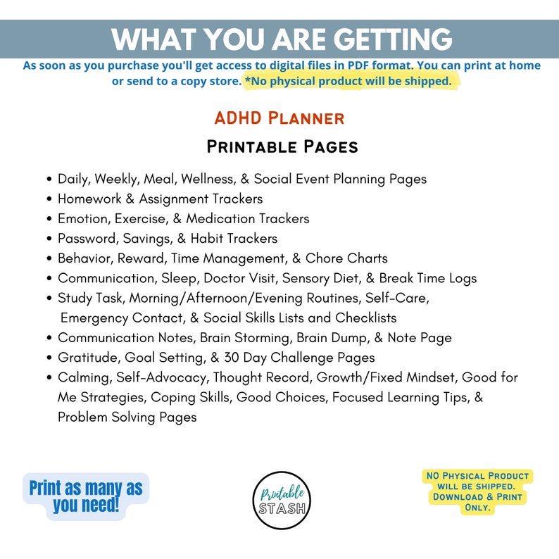 Kids ADHD Planner, Printable Workbook, Organizer, Monthly Daily Planner ...