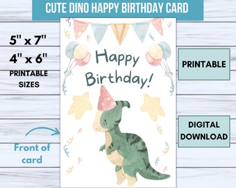 Happy Birthday Dinosaur Printable Card, Crested Dinosaur, Parasaurolophus, Cute Watercolor Art, For a Boy or Girl