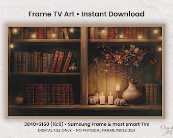 Könnte beinhalten: Digitaler Kunstdruck für einen Rahmen-TV, der eine gemütliche Bücherregalszene zeigt. Das Bild zeigt ein Bücherregal aus Holz, gefüllt mit antiken Büchern, Kürbissen, Kerzen und einer Vase mit Herbstblättern. Der Text "Frame TV Art • Instant Download" ist sichtbar.