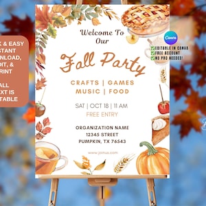 May include: A watercolor-style fall party invitation on an easel. The invitation features the text "Welcome To Our Fall Party" with details about crafts, games, music, and food. The design includes fall-themed illustrations and the text "All Text Is Editable."