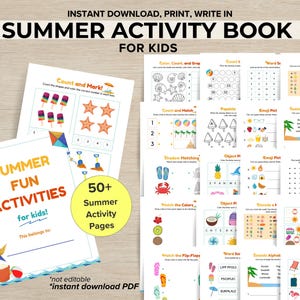 Puede incluir: Un conjunto de páginas de actividades de verano imprimibles para niños. La portada dice "Summer Fun Activities for kids!" con una ilustración con temática de playa. Las páginas incluyen juegos de conteo, emparejamiento y palabras. El texto "Instant Download, Print, Write In" está en la parte superior.