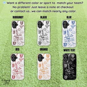 May include: A collection of phone cases in various colors, including burgundy, black, blue, red, orange, and white. Each case features sports-themed graphics, the text "Sports Mom", and customizable numbers and names. The cases are displayed on a green background.