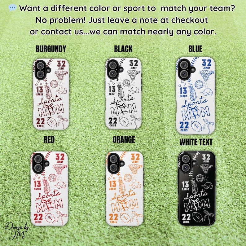 May include: A collection of phone cases in various colors, including burgundy, black, blue, red, orange, and white. Each case features sports-themed graphics, the text "Sports Mom", and customizable numbers and names. The cases are displayed on a green background.