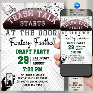 May include: A digital flyer for a Fantasy Football draft party featuring a brown football graphic, the text "TRASH TALK STARTS AT THE DOOR!", "Fantasy Football", "DRAFT PARTY", "29 SATURDAY AUGUST", "7:00 PM", and contact details for Matthew and Emily.