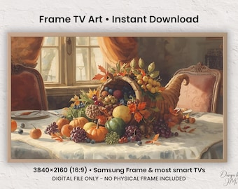 Marco de TV con Cornucopia de Cosecha Otoñal, Bodegón acogedor para la mesa de Acción de Gracias, Decoración otoñal para Samsung Frame y Smart TVs (3840×2160)