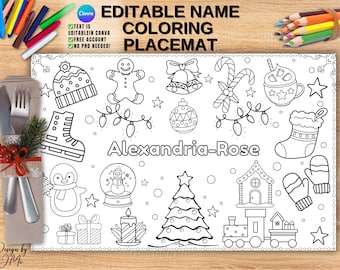 Editable Christmas Coloring Placemat, Personalized Holiday Table Activity Mat for Kids, Classroom Party Printable, Christmas Eve Box