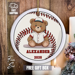 Personalized Teddy Bear Ceramic Baseball Ornament for Boys, Child Keepsake Christmas Tree Gift, Baby Boy Christmas, Free Gift Box