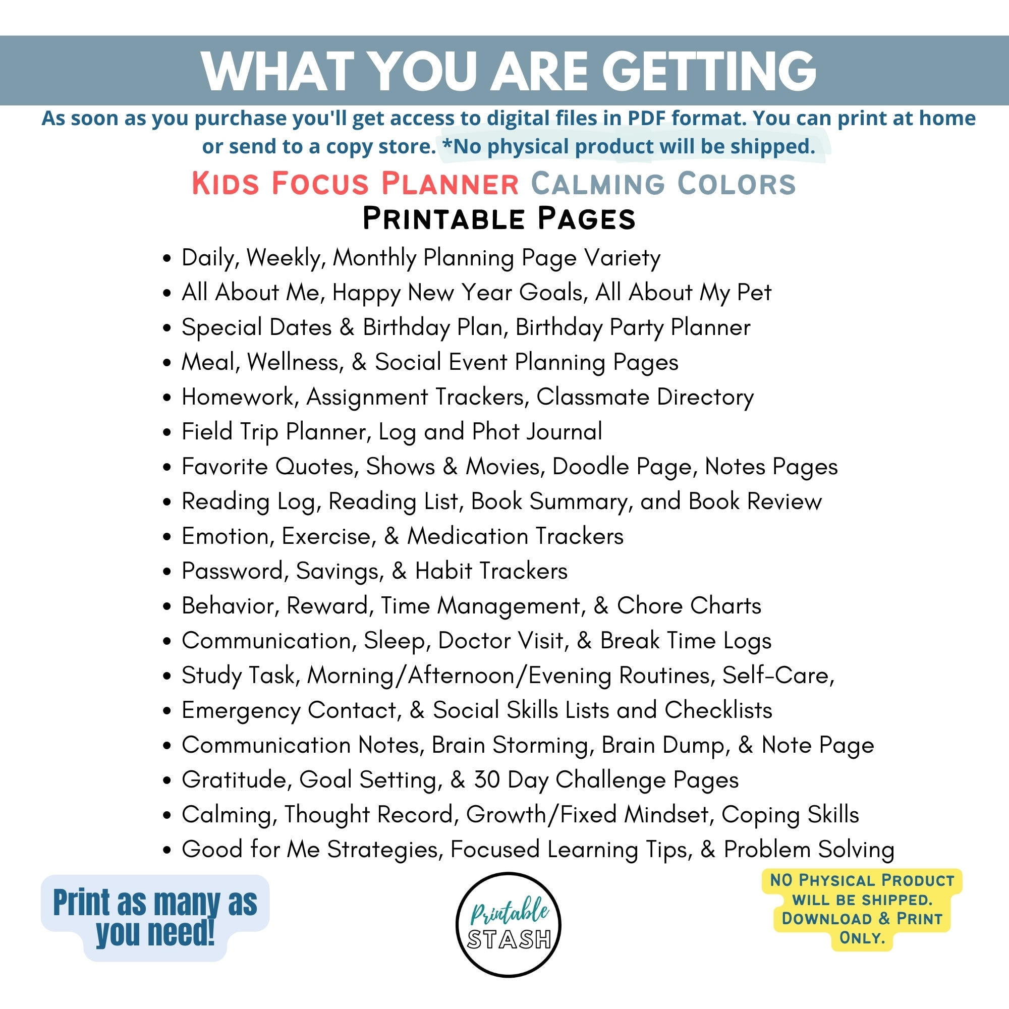 Kids Focus Planner, Printable Workbook, Weekly Daily Planner, Self Care ...