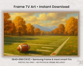 Herfstvoetbalveld tv-frame kunst, herfstspeldag scherm schilderij met bergen, gezellige sportdecoratie, Samsung frame tv, digitale download