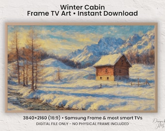 May include: Digital art print for Frame TV featuring a winter cabin scene. The artwork depicts a snow-covered landscape with a wooden cabin, trees, and mountains under a blue and yellow sky. The image is framed in a light brown border.