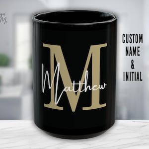 Black Monogram Mug with Name, Personalized Initial Coffee Cup, Tan and White Design, Custom Gift for Her or Him
