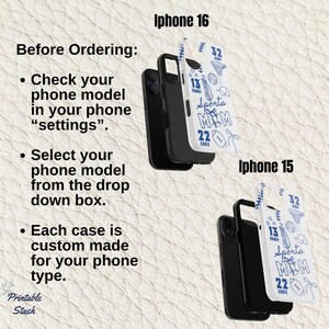 May include: Image shows two black iPhone cases with white covers. The white covers have blue sports-themed graphics and text that reads "Sports Mom". The text "iPhone 16" and "iPhone 15" are also visible.