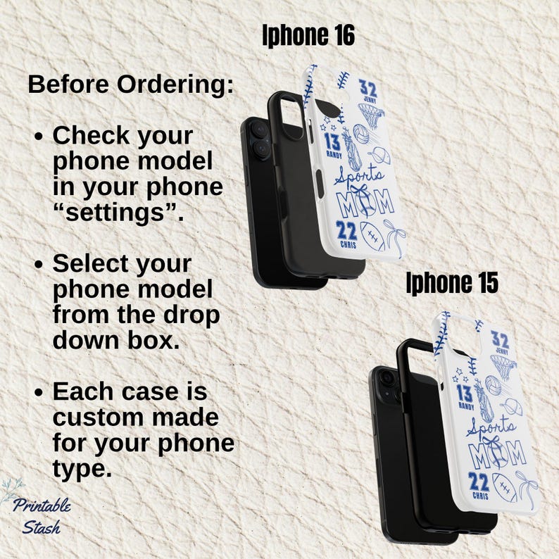 May include: Image shows two black iPhone cases with white covers. The white covers have blue sports-themed graphics and text that reads "Sports Mom". The text "iPhone 16" and "iPhone 15" are also visible.