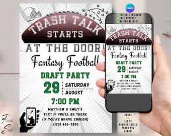 Funny Fantasy Football Draft Party Printable Digital Invitation, Editable Canva Card with Bonus Thank You Cards, Game Day Party Invite