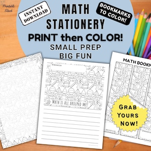 May include: Math stationery set with printable pages and bookmarks to colour. Includes pages with math symbols and the text "Math is all around me!" and "Grab yours now!" in a black and white design. Colour pencils are visible.